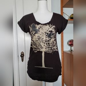 Miley Cyrus/Max Azria tie-back metallic print t-shirt, black, size Large